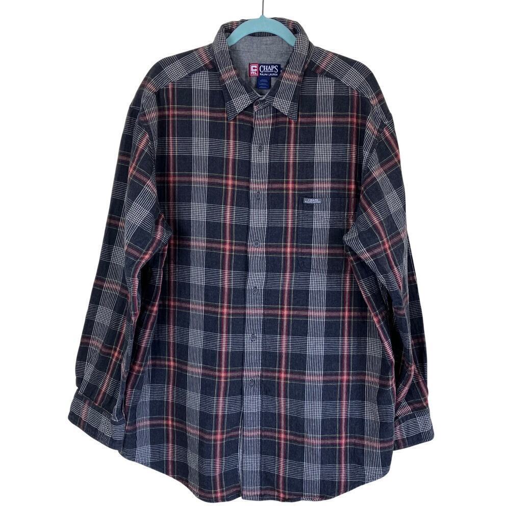 Chaps RL Mens Sz XXL Grey Plaid Button Down Shirt Double Cloth Cotton Casual